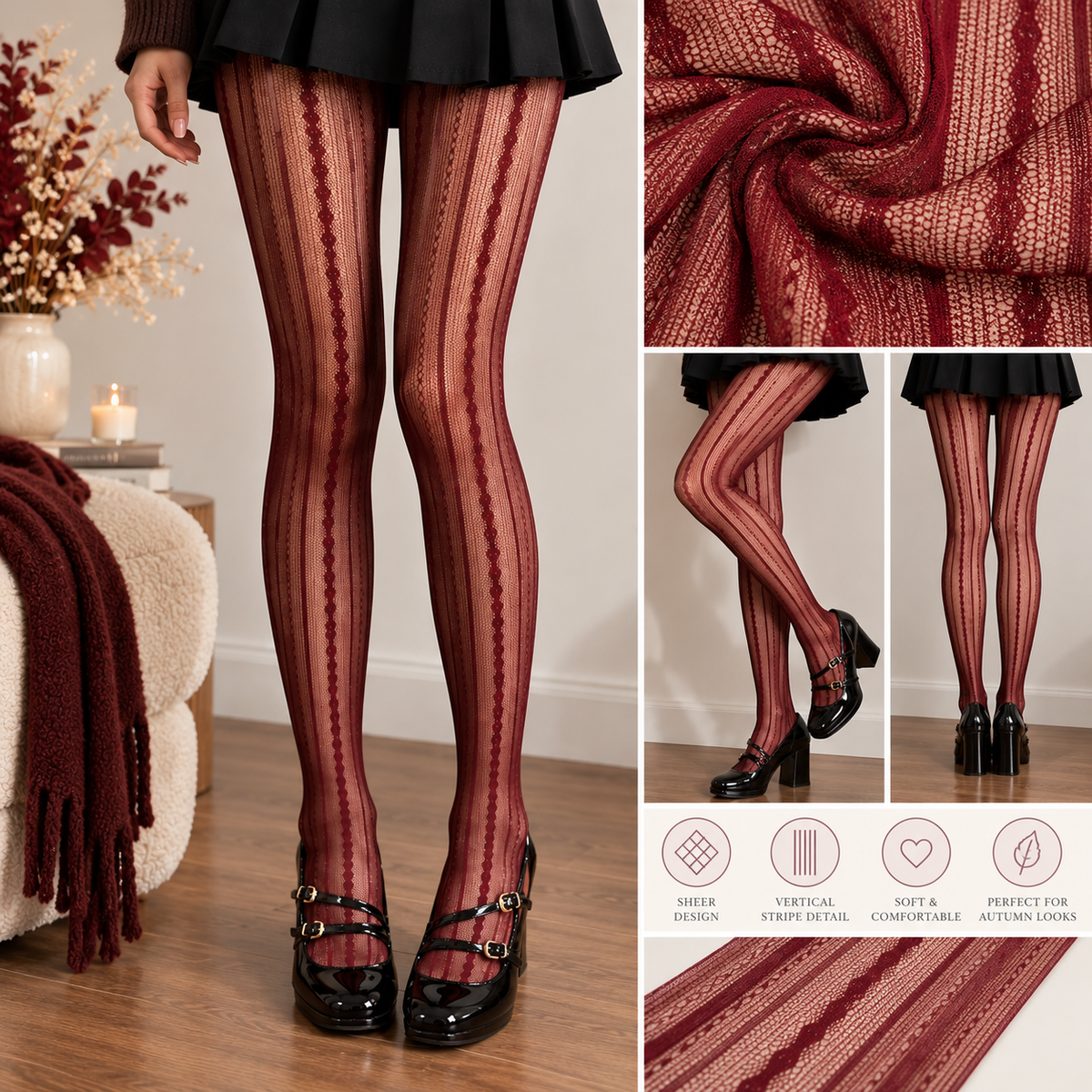 The Rosalie Lace Tights – Burgundy Sheer Patterned Tights