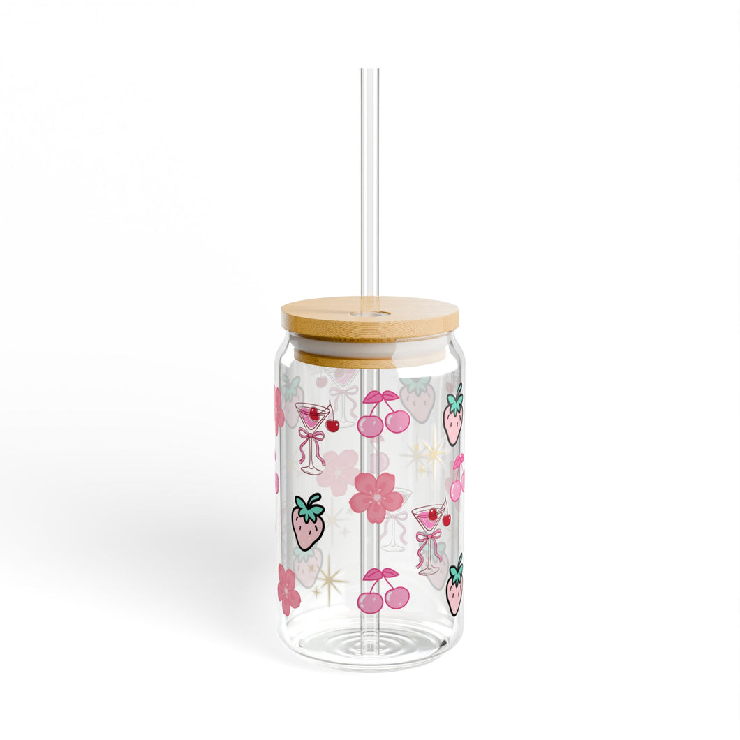 16oz Strawberry Floral Sipper Glass with Bamboo Lid & Straw