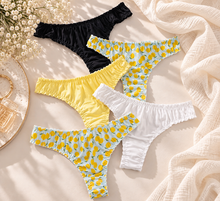 Load image into Gallery viewer, 5-Pack Women’s Ruched Thongs – Lemon Print, Yellow, White &amp; Black | Shy + Vibe