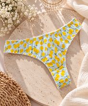 Load image into Gallery viewer, 5-Pack Women’s Ruched Thongs – Lemon Print, Yellow, White &amp; Black | Shy + Vibe