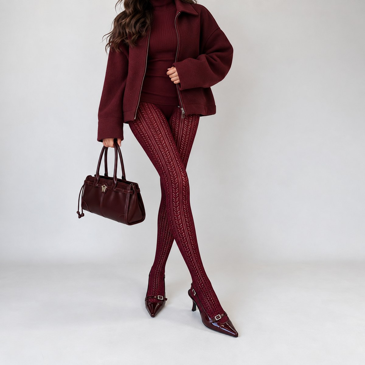 The Merlot Tights – Burgundy Pointelle Pattern Tights