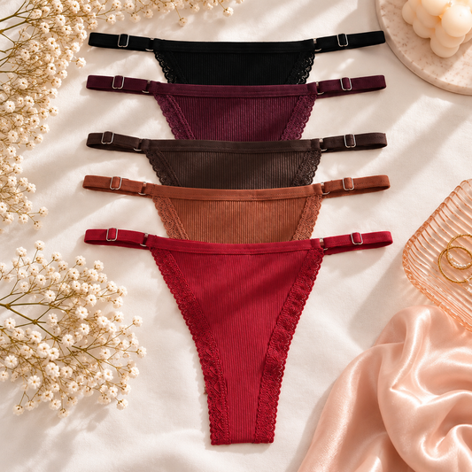 The Mila 5 Pack Ribbed Lace Thongs – Adjustable Women’s Underwear Set