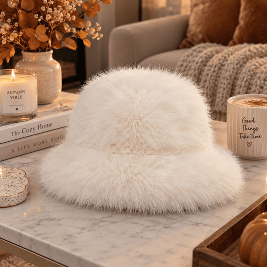 The Amélie Fluffy Bucket Hat – Cream Faux Fur Winter Hat
