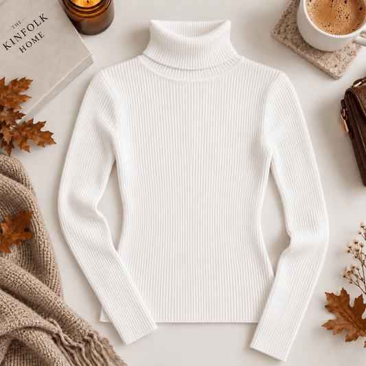 The Elodie Ribbed Roll Neck Top – White Long Sleeve Fitted Knit