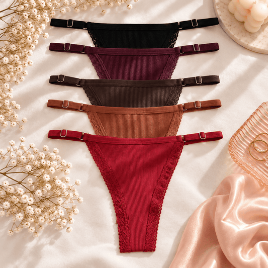 The Mila 5 Pack Ribbed Lace Thongs – Adjustable Women’s Underwear Set
